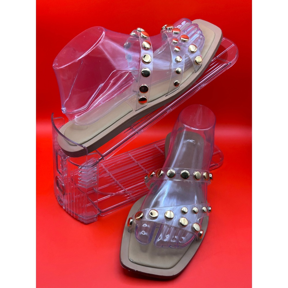 Zara Womens Clear Vinyl Studded Flat Sandals Square Toe Tan Gold 40